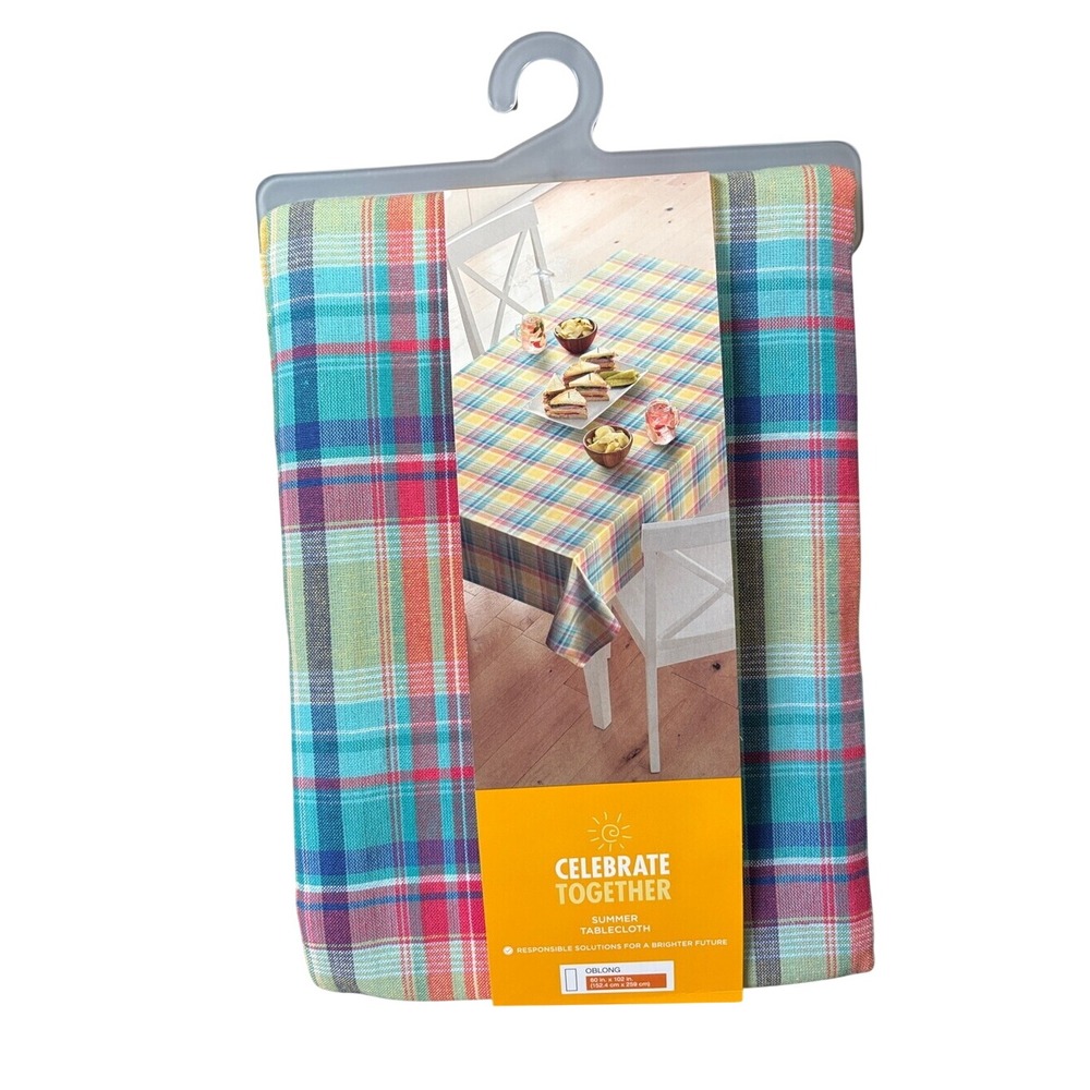 Celebrate Together Multicolor Plaid Picnic Table Cloth Fabric 60" by 102" NEW